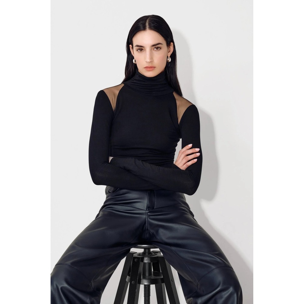 NWT Marcella Maria Top Mesh Shoulder Mock Neck M Black Sleek Edgy Avant Garde